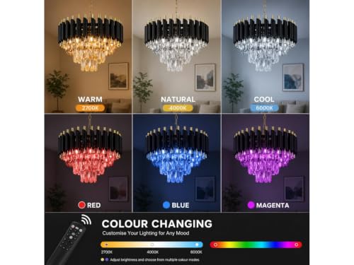 Image of Modern Black & Gold Crystal Moving Chandelier, 400mm (40 Cm. (15.7 Inch) Round LED Pendant Light with Remote Control, Multicolour changing ,Luxury Contemporary Ceiling Light Fixture For decoration A