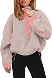 Panadila Womens Quarter Zip Fleece Pullover Sherpa Jacket Oversized Sweatshirt with Pockets Fuzzy Sweater (Khaki Pink Combo,L)