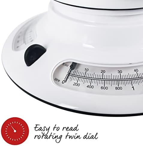 Salter 800 WHBKDR Aquaweigh Mechanical Scale, Measures Liquids and Fluids, Add & Weigh, Rotating Twin Dial, Pouring Spout, 2.6 L Bowl Clips Over Scale, Max 4 kg, Baking/Cooking, White