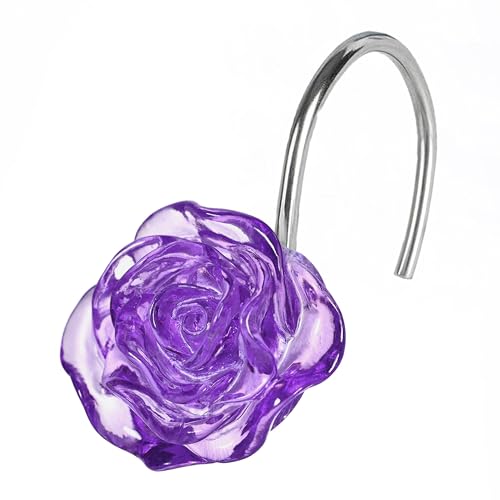 Purple Rose Shower Curtain Hooks: Cute Flower Bathroom Curtain Rings12Pcs
