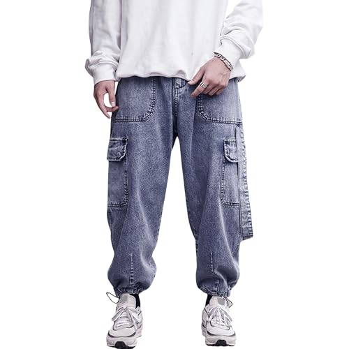 Men's High Street Multi Pocket Cargo Denim Casual Pants Drawstring Pants with Streamers Mens Baggy Blue Trousers