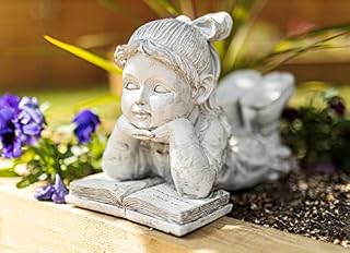 garden mile Girl Laying and Reading Garden Ornaments Outdoor - Fully Waterproof Grey Large Stone Effect Resin, Hand Crafted Lawn Statue and Sculpture Home and Garden Antique Decor