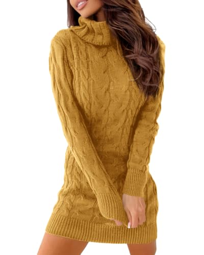 Image of Langwyqu Womens Cable Knit Long Sleeve Turtleneck Bodycon Sweater Dress