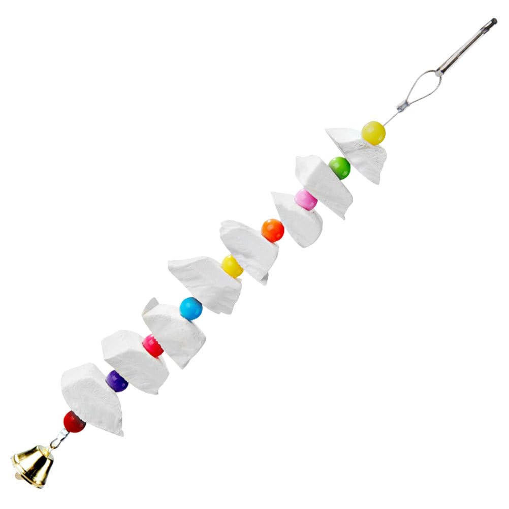 POPETPOP Teething Toys Bird Toys Cuttlefish Bone Bird Chewing Toy with Bells Parrot Beak Grinding Natural Block Cage Hanging Toys for African Greys Conure Parakeet M Teething Toys Bird Toys