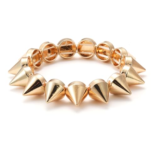 Xanight Cuspidal Spiked Stretch Bracelets For Women,Punk Rock Style Elastic Rivets Studs Wristband Fashion Hip Hop Party Spikes Jewelry For Ladies (Gold)