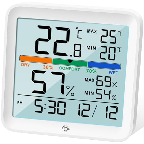 NOKLEAD Hygrometer Innen Thermometer Digital Thermo-Hygrometer Temperatur und Luftfeuchtigkeitmessgerät Raumklima-Indikator mit Kalibrierung berührbare Nachtlicht,Komfortanzeige MAX/MIN-Datensätze