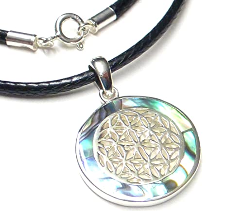 Collar para mujer, colgante de plata, diseño de flor de la vida, concha Abalone, plata de ley, incluye cinta textil, 45 cm, símbolo de protección, amuleto de la suerte, Plata esterlina Cover