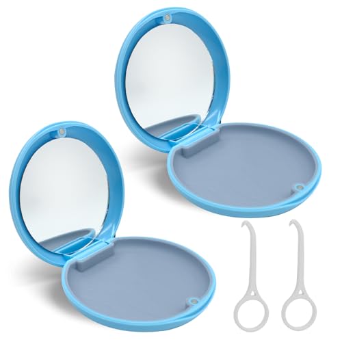 Zahnspangendose, 2 Stück Tragbare Aufbewahrungsbox für Zahnprothesen Behälter mit Spiegel Leere Gebissdose Zahnprothesendose Behälter für Zahnprothesen Box mit Aligner Removal Tool (Blau + Blau)