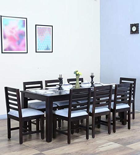 Furniture World Solid Sheesham Wood Dining Table | Dining Table Set (8 Seater, Chestnut Finish with Blue Cushions)