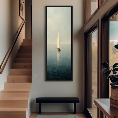 Toile encadrée grand bateau étroit design vertical allongé beige de 55x110 cm