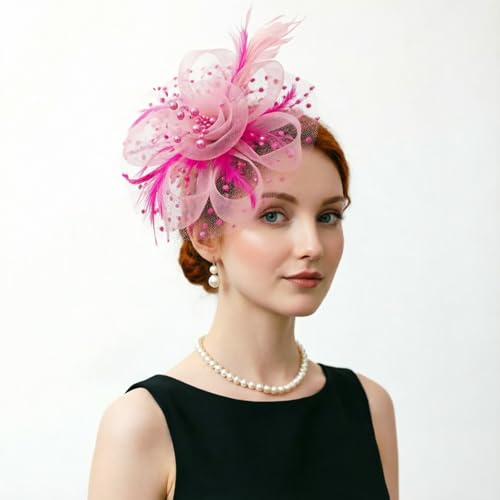 Image of DRESHOW Fascinators Hat Flower Mesh Ribbons Feathers on a Headband and a Clip Tea Party Headwear for Girls and Women