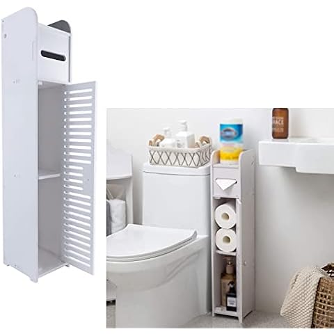 Feidak Free Standing Toilet Roll Holder Cabinet, White Wooden Toilet Roll Storage Unit With Shelf, Narrow Organizer Shelf Paper Holder 81x16x16cm Cover