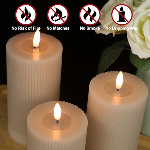 Image of Eldnacele Vertical Stripe Pillar Flameless Candles with 6 Hours Timer, Battery Operated 3D Wick Flickering Warm Lights Real Wax Gray LED Candles Dinner Indoor Holiday Christmas Decor(3Pcs,3 inchx5 inch /6 inch /7 inch)