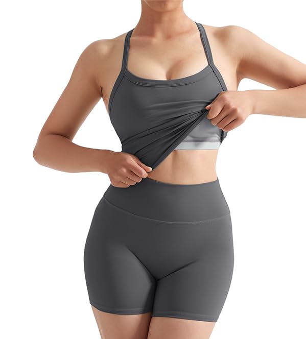 Image of SUUKSESS Women 2 Piece Workout Sets High Waisted Tummy Control Biker Shorts Halter Padded Tank Tops