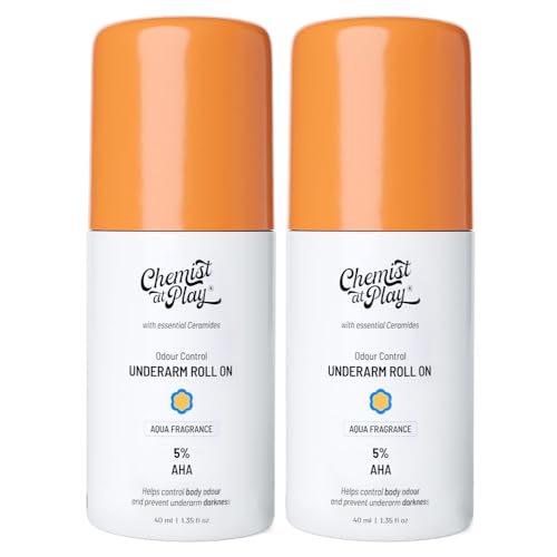 Chemist At Play UnderArm Roll On Deodorant with 5% AHA, Lactic Acid & 1% Mandelic Acid | Prevents Body Odour & Fades Pigmentation | 0% Aluminium & 0% Alcohol | Aqua Fragrance | 40ml - Pack of 2
