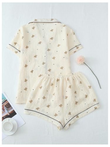 Image of BEAUDRM Women's Two Piece Pajama Sets Allover Print Short Sleeve Sleepwear Button Down Shirt and Bow Shorts Pj Set Loungewear