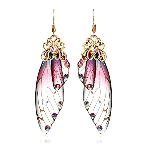 BELLA-Bee Butterfly Wing Drop Dangle Earrings Gold Plated Crystal Rhinestone for women wedding Jewelry (Purple-GD B)…