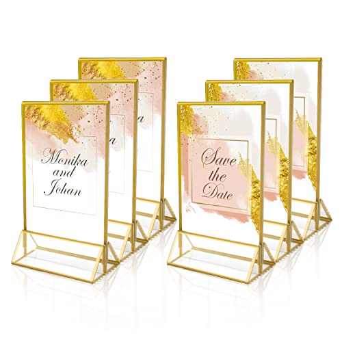 Homso 10.2x15.2 cm großer, transparenter Acryl-Tischschildhalter, doppelseitiger Rahmen mit goldfarbenem Rand und vertikalem Ständer für Hochzeitstischnummern, Restaurant-Schild, Menühalter, 6 Stück Cover