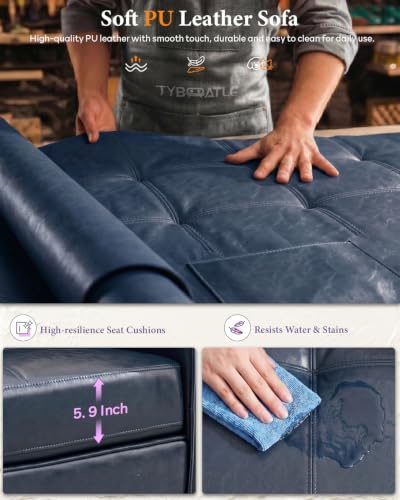 Image of 88 inch Blue Faux Leather Sofa, L-Shaped Sectional Couch with USB, Living Room | TYBOATLE, Blue Faux Leather Sectional Sofa, L Shaped Couch, Modular Convertible Design, Chaise, Side Pockets, Office, Bedroom