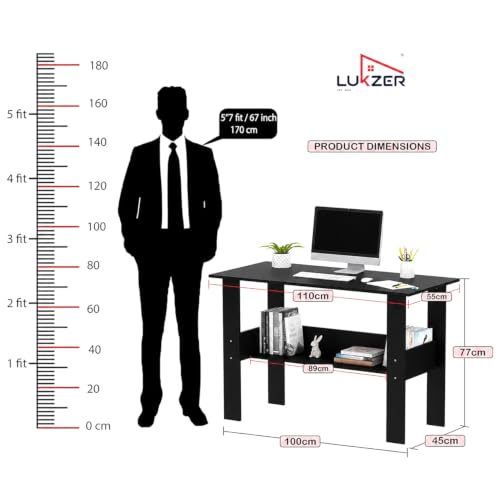 Image of Lukzer Premium Engineered Wood Computer Desk with One Tier Shelves | ST-005 /Black | Laptop Study Table for Office Home Workstation Writing Modern Desk (110 x 55 x 77 cm)