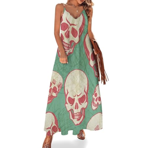 Robe longue femme été style maxi sans manches imprimé crâne rouge