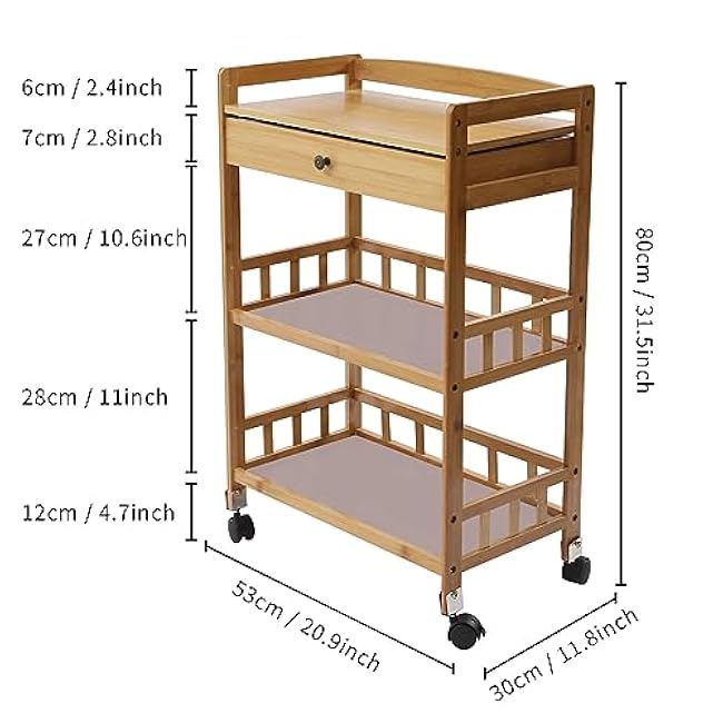 3-Tier Bamboo Entertainment Kitchen Cart Mobile Shelves Cart Coffee Cart w/Silent Wheel & Storage Drawer for Home, Kitchen, 20.9 * 11.8 * 31.5in-MiBCHcQ8