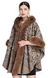 Epsion Vintage Jacquard Poncho for Women Faux Fur Trim Cardigan Shawl Wraps Cloak Cape Coat for Fall Winter