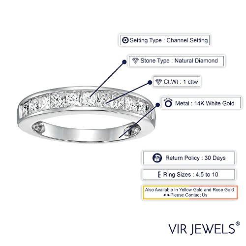 1 carat (ctw) Diamond Wedding Anniversary Band for Women, Half Eternity Princess Cut Diamond Engagement Ring in 14K White Gold Channel Set 1 cttw, Size 4.5-103