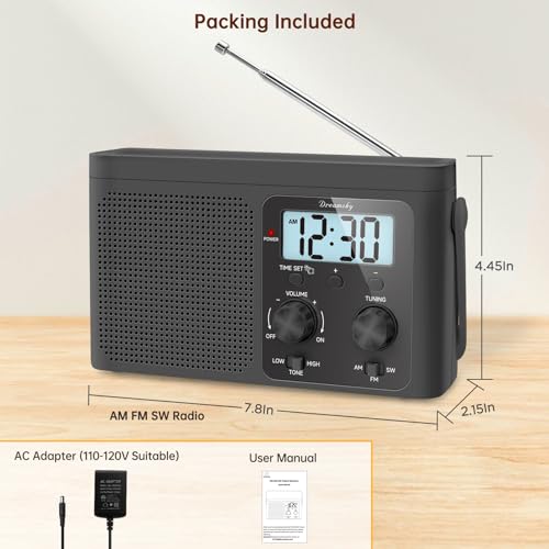 Image of DreamSky AM FM Radio Portable Shortwave Radio Battery Powered /Plug in Wall | for Home Outdoor, Strong Reception, Large Dial Easy to Use, Digital Time Display, Transistor Antenna, Seniors Small Gift