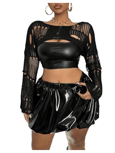 Women's Plus Size Hollow Out Crochet Tops Ripped Crop Sweater Pullover