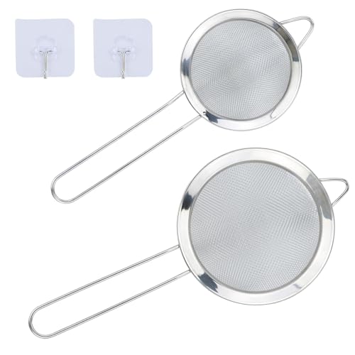Confezione da 2 colini piccoli in acciaio inox a rete fine con ganci da cucina, 12 cm/8 cm di diametro, setaccio a rete fine, colino da cucina con manico, ideale per succhi di frutta, uova, tè, caffè,