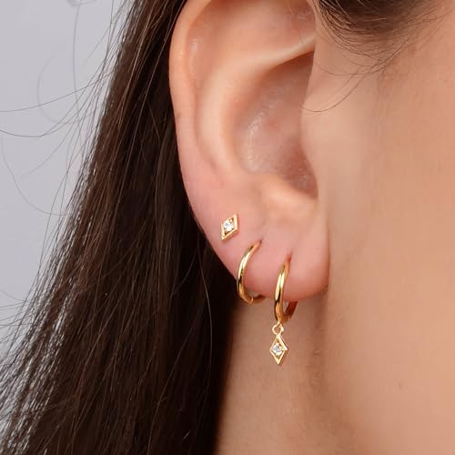 Image of Freekiss 3 Pairs Gold Hoop Earrings Set: Dainty Stud Earrings Trendy Small 14K Gold Plated Hypoallergenic Dangle Cartilage Huggie Hoop Earrings for Women Gold Jewelry for Women Gifts