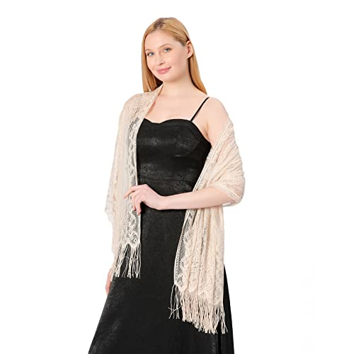Ladiery Women's Floral Lace Shawl with Tassels, Soft Mesh Fringe Wraps for Wedding Evening Party Dresses2