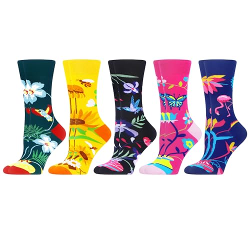 WeciBor Bunte Lustige Blumen Socken Damen Baumwolle, 5 Pack Vintage Motiv, Größe 39-42