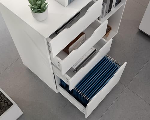 EasyPAG Seitlicher Aktenschrank aus Holz mit 4 Schubladen, A4, Briefgröße, Hängemappe, Aktenschrank, Druckerständer mit offenem Ablagefach für Büro und Zuhause, Weiß