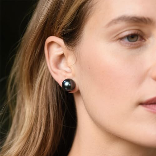 YAMI Saltwater Cultured Black Pearl Earrings, S925 Sterling Silver Earrings Stud White Gold Plated, Hypoallergenic Jewelry Gifts for Women and Men 6.0-10MM 6