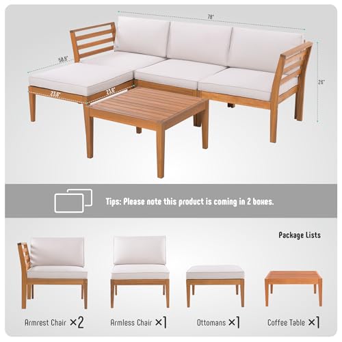 Image of Werph 5-Piece Outdoor Sectional Sofa Set with Acacia Wood Coffee Table | L-Shaped Patio Couch with All-Weather Cushions for Backyard, Deck, Lawn - Beige