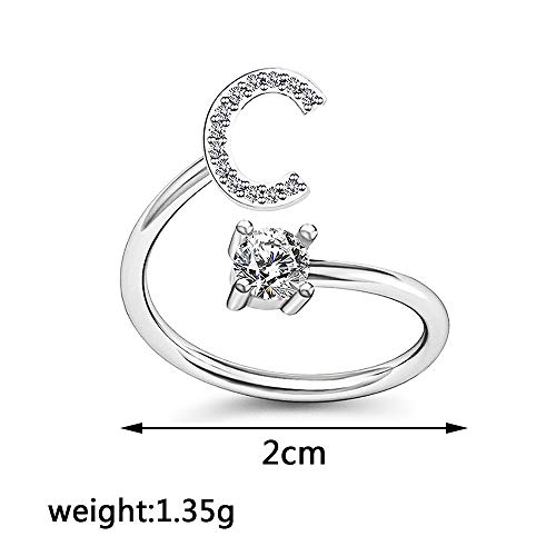 Image of HUJUON Silver Initial Letter Ring for Women. Adjustable Crystal Alphabet Ring,Name Initials Stackable Knuckle Rings A-Z CZ Open Ring