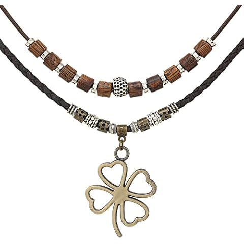 Men Women Braided Leather Necklace Vintage Style Double Layers Black Boho Tribal Necklace with Charm Leaf Pendant for Daily Use, Leather, No Gemstone Cover
