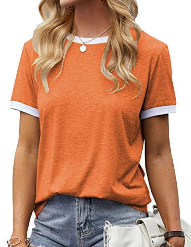 Womens T Shirt Short Sleeve Crew Neck Basic Color Block Tee Tops Orange