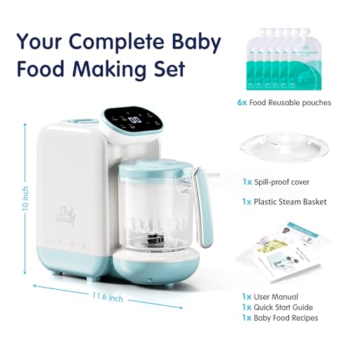 Chefhandy Baby Food Maker, 5-in-1 Baby Food Steamer & Blender with Auto and Manual Blending, Puree Maker, Bottle Warmer & Sterili-zer, BPA-Free, with 6 Food Pouches (White Blue)