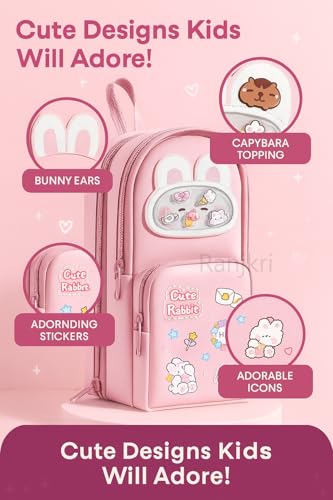 Image of Kawaii Cute Rabbit Pencil Pouch for Kids with Cute Cat Eraser Set | 6-Layer Multi-Pocket Pen Bag for Girls | School Stationery Kit Combo | Cute Bunny Design Pink Pouch
