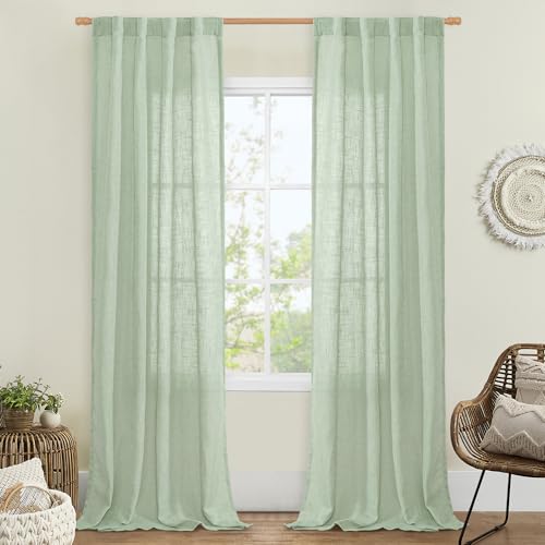 LAMIT Fresh Green Linen Curtains for Living Room, 84 inch Length Light Filtering Semi Sheer Drapes Back Tab and Rod Pocket Farmhouse Panels for Bedroom, 2 Panels, 34 x 84 Inch