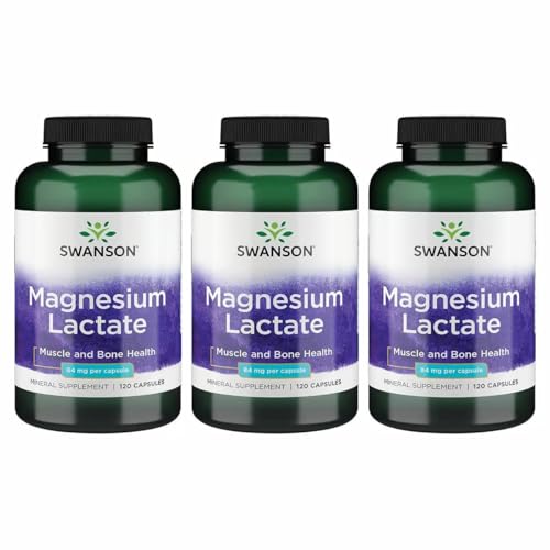 Swanson Magnesium Lactate - Lactose-Free Mineral Supplement for Muscle & Bone Health Support* - Gentle on The Stomach - Non-GMO & Gluten-Free - 120 Capsules (3 Pack)