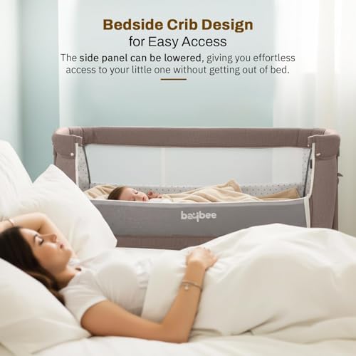 Image of BAYBEE Bedside Crib Cradle for Baby | Bassinet for New Born with 2 Height Adjustable & 360 Wheels | Babies Cot with Mosquito Net & Storage Box | Baby Cribs & Cots for 0 to 2 Years Boys Girls (Beige)
