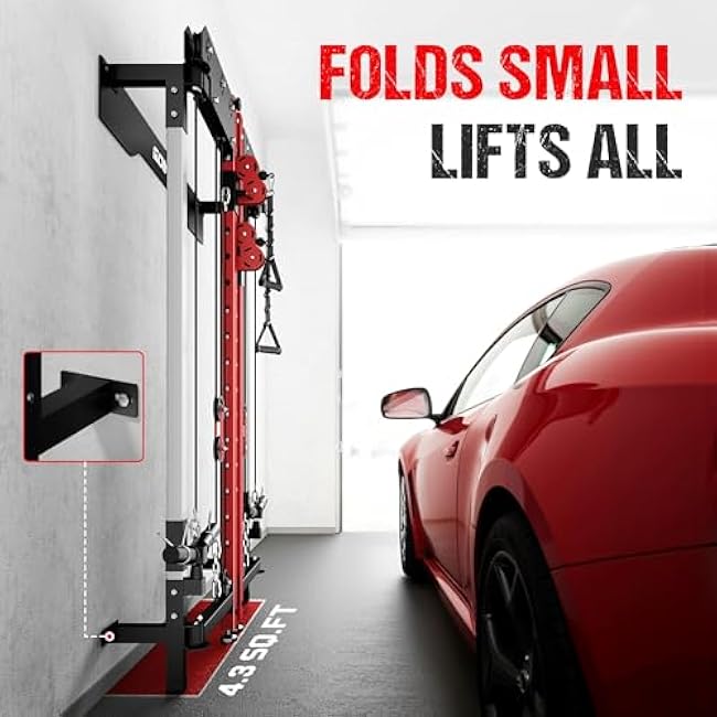 WM3-V4 Folding Squat Rack, Wall Mounted Power Rack with Dual Independent Pulley System, Functional Trainer with 5 Adjustable Function Modes for Space Saving Home Gym