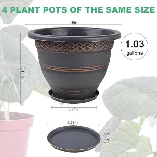 4-Pack 10 Inch Large Plastic Plant Pots with Drainage Holes & Saucers