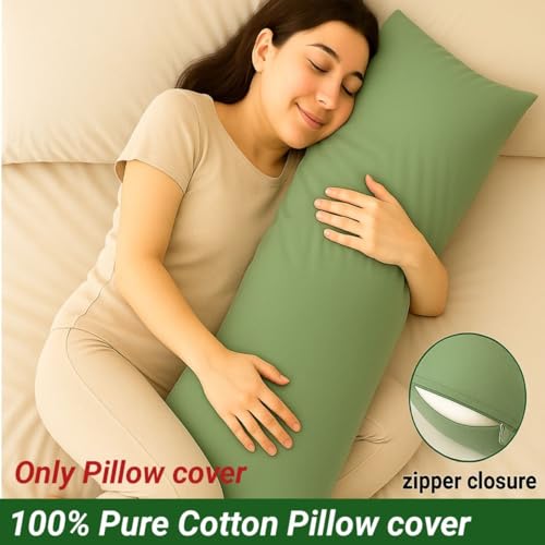 Image of 100% Cotton 600 TC Body Pillow Cover - Ultra Soft & Breathable Long Pillowcase | Zipper Closure | 20 inchx54 inch | Sage | Ideal for Pregnancy, Side Sleepers & Full Body Support