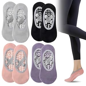 Qixuer Chaussettes de Yoga, 4 Ppaires Chaussette Pilates, Chaussettes Antidérapantes Dames, Chaussettes Respirables, Ballet, Danse