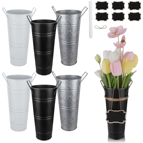 Set di 6 secchi per fiori zincati, vasi in metallo da 25,4 cm, per fiori, rustici, con piccola etichetta a lavagna, vasi rustici (nero, bianco e argento)